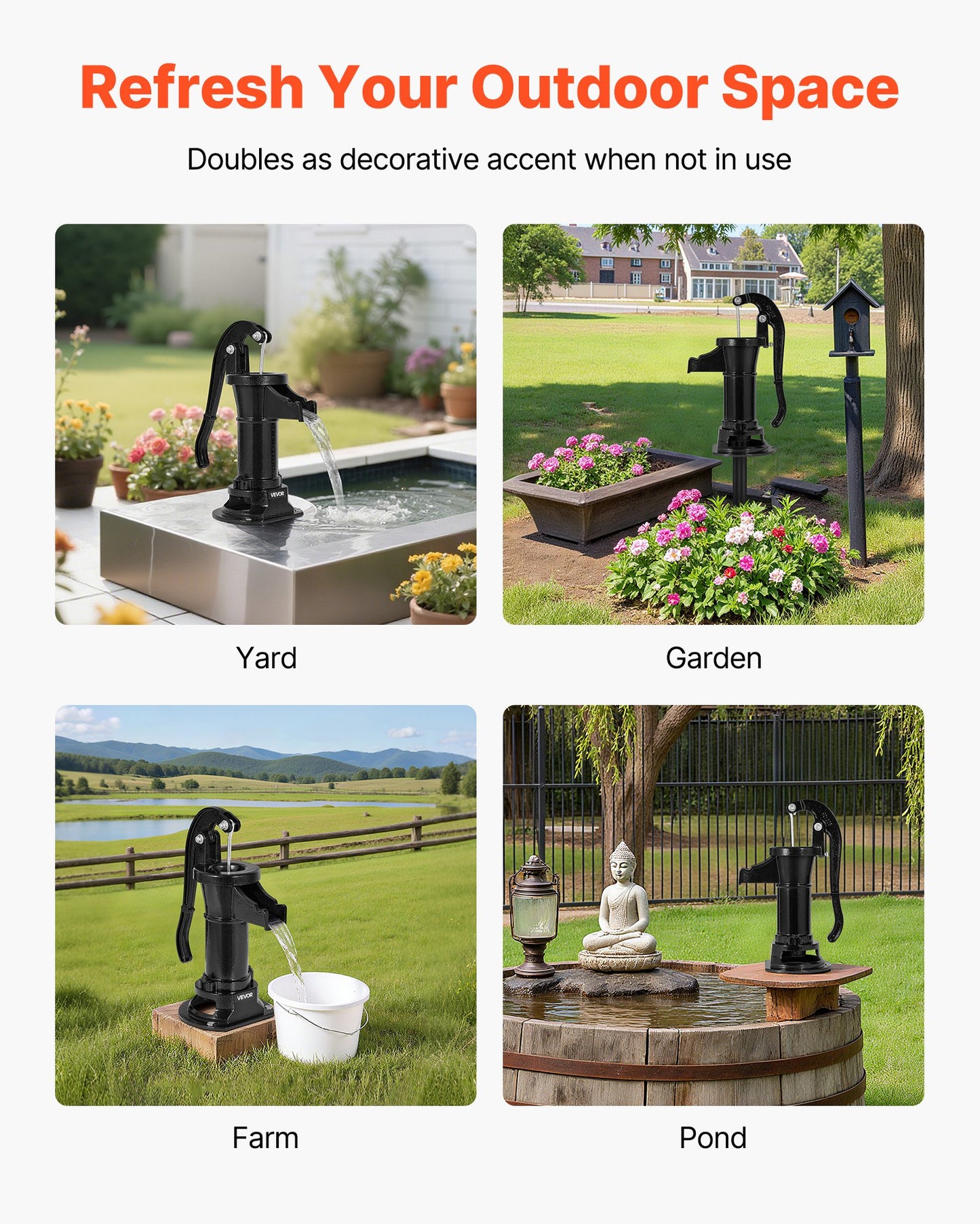 Well Hand Pitcher Pump, 25 ft Maximum Lift, Antique Cast Iron Manual Hand Water Pump, NPT 1-1/4 in Connection, Easy Installation, Old Fashioned for Outdoor Garden, Pond, Backyard, Farm, Black