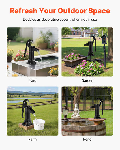 Well Hand Pitcher Pump, 25 ft Maximum Lift, Antique Cast Iron Manual Hand Water Pump, NPT 1-1/4 in Connection, Easy Installation, Old Fashioned for Outdoor Garden, Pond, Backyard, Farm, Black