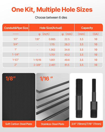 Knockout Punch Set, 98.07 kN Hydraulic Knockout Set, 12.7 to 50.8mm KO Tool Kit Hole Making Tool, KO Tools Kit W/6 Dies for Metal Electrical Cabinets, Electrical Control Cabinets, Switch Cabinet
