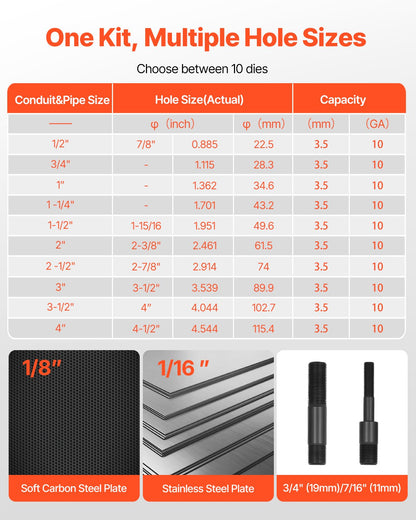 Knockout Punch Set, 147.1 kN Hydraulic Knockout Set, 12.7 to 101.6mm KO Tool Kit Hole Making Tool, KO Tools Kit W/10 Dies for Metal Electrical Cabinet, Electrical Control Cabinet, Switch Cabinet