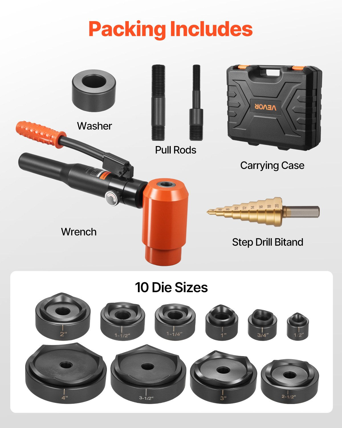 Knockout Punch Set, 147.1 kN Hydraulic Knockout Set, 12.7 to 101.6mm KO Tool Kit Hole Making Tool, KO Tools Kit W/10 Dies for Metal Electrical Cabinet, Electrical Control Cabinet, Switch Cabinet