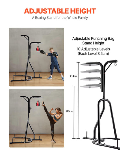 2 in 1 Punching Bag Stand, Steel Heavy Duty Workout Equipment, Adjustable Height Boxing Punching Bag and Speed Bag Stand, Freestanding Sandbag Rack, Holds Up to 140 lbs, for Home Gym Fitness