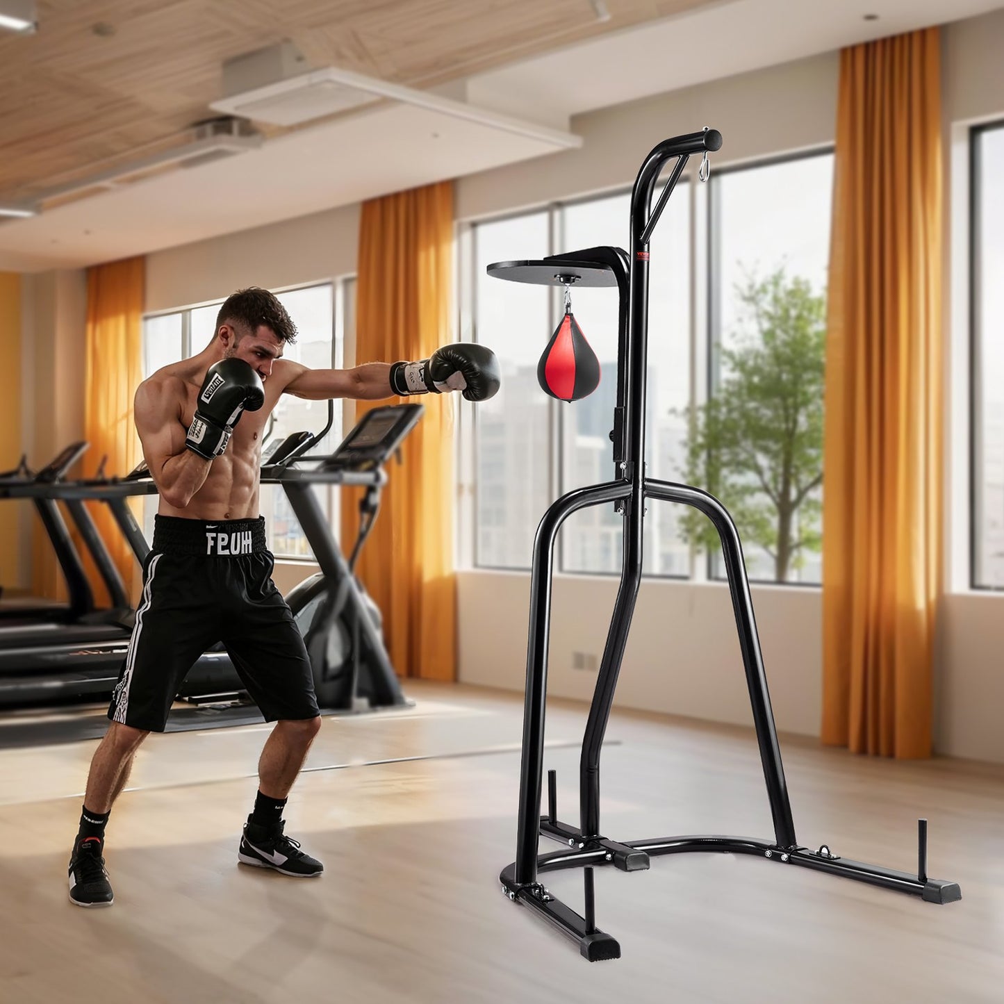2 in 1 Punching Bag Stand, Steel Heavy Duty Workout Equipment, Adjustable Height Boxing Punching Bag and Speed Bag Stand, Freestanding Sandbag Rack, Holds Up to 140 lbs, for Home Gym Fitness