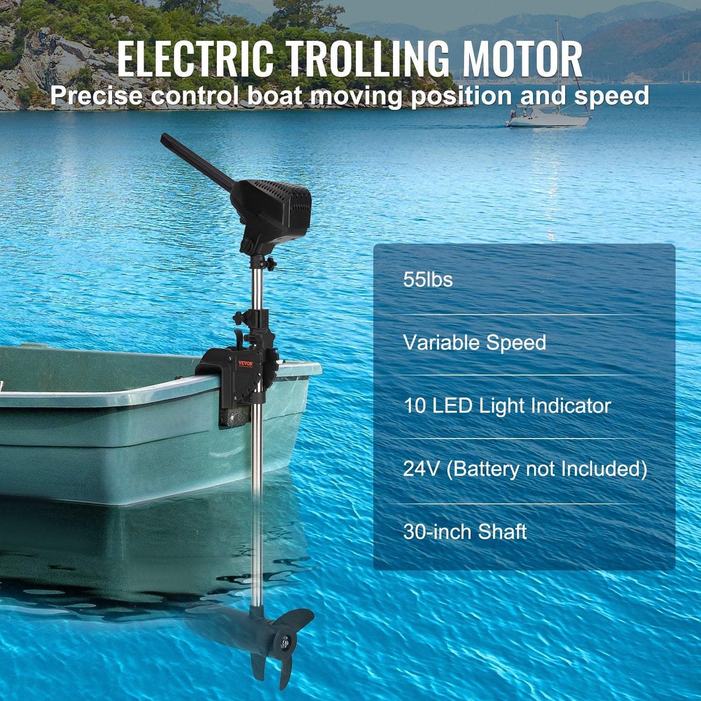 Electric Trolling Motor 25 kg Thrust, 24V, Variable Speed, 0.76m Shaft