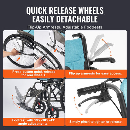 Ultra-Lightweight Aluminum Wheelchair, 46cm Wide Seat, 113kg Capacity