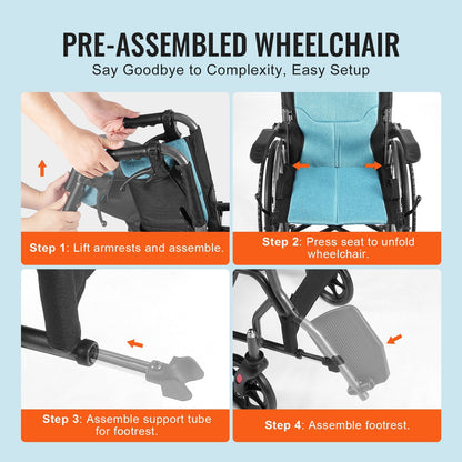 Ultra-Lightweight Aluminum Wheelchair, 46cm Wide Seat, 113kg Capacity