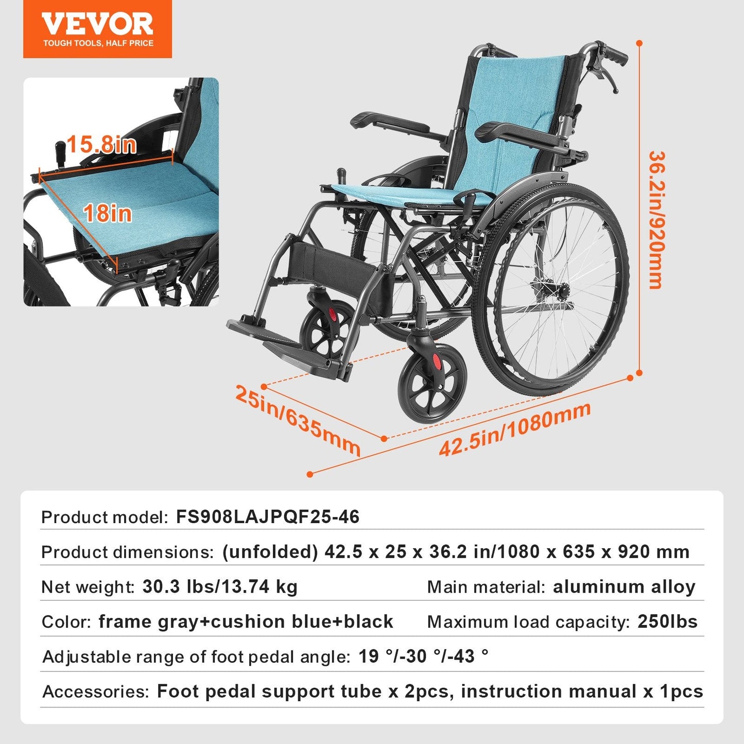 Ultra-Lightweight Aluminum Wheelchair, 46cm Wide Seat, 113kg Capacity