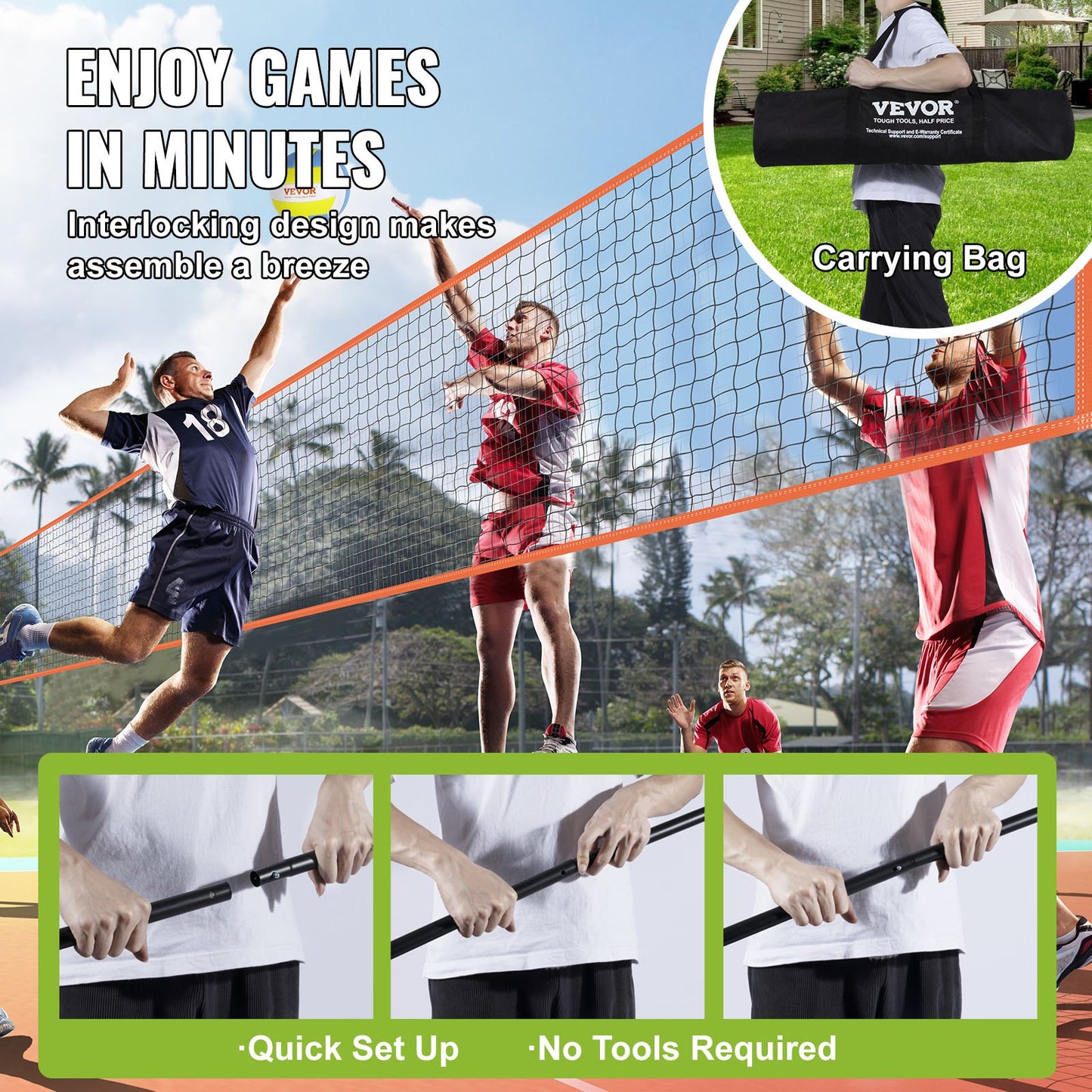 VEVOR 4-Way Volleyball Net, Adjustable Height Badminton Net Set for Backyard Beach