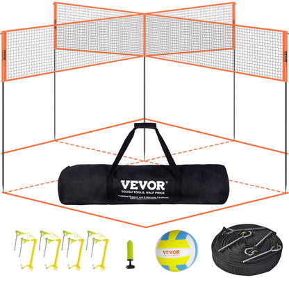 VEVOR 4-Way Volleyball Net, Adjustable Height Badminton Net Set for Backyard Beach