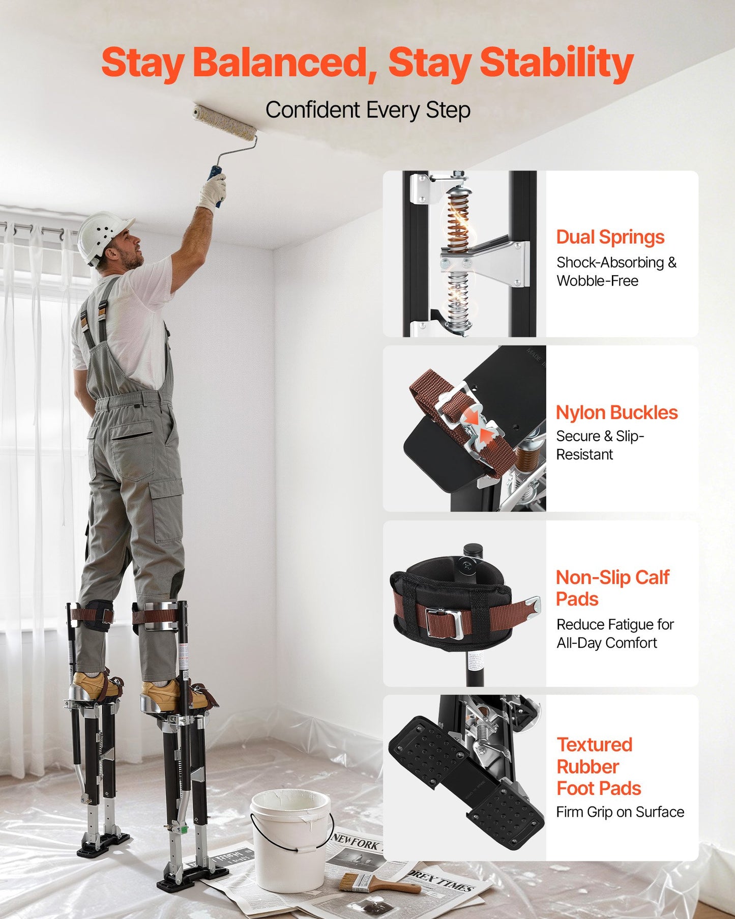 Drywall Stilts, 485-790 mm Adjustable Aluminum Painter Stilts, 103 kg Load Capacity, Non-Slip Rubber Feet, Dual Spring Shock Absorption, Comfortable Leg Straps for Painting, Decoration, Black