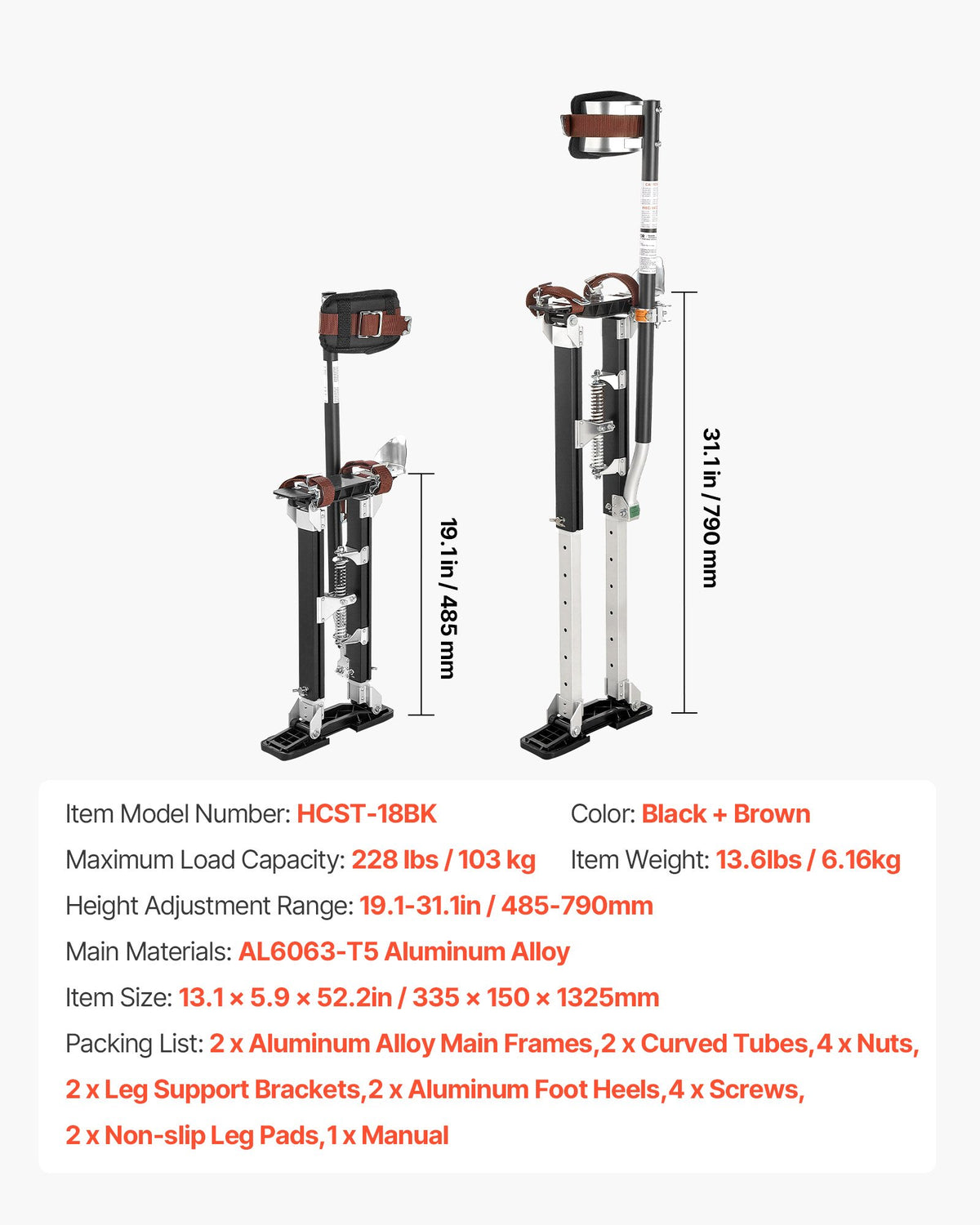 Drywall Stilts, 485-790 mm Adjustable Aluminum Painter Stilts, 103 kg Load Capacity, Non-Slip Rubber Feet, Dual Spring Shock Absorption, Comfortable Leg Straps for Painting, Decoration, Black
