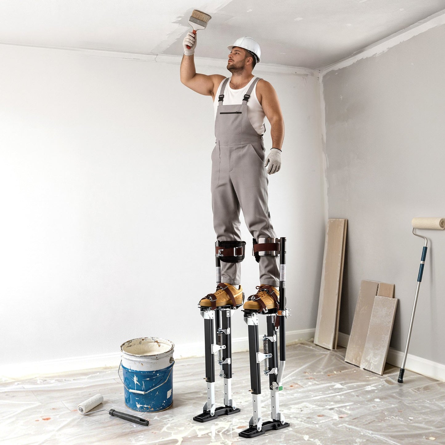 Drywall Stilts, 485-790 mm Adjustable Aluminum Painter Stilts, 103 kg Load Capacity, Non-Slip Rubber Feet, Dual Spring Shock Absorption, Comfortable Leg Straps for Painting, Decoration, Black