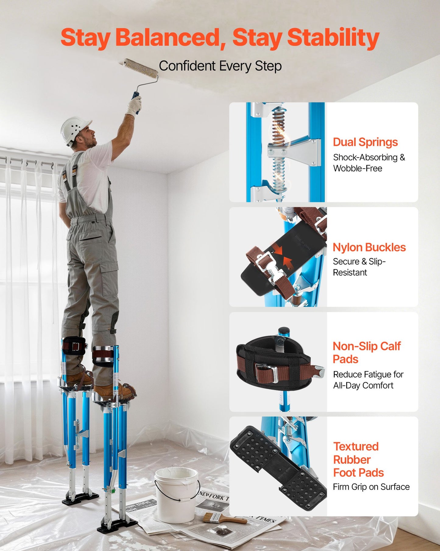 Drywall Stilts, 615-1023 mm Adjustable Aluminum Painter Stilts, 103 kg Load Capacity, Non-Slip Rubber Feet, Dual Spring Shock Absorption, Comfortable Leg Straps for Painting, Decoration,Blue