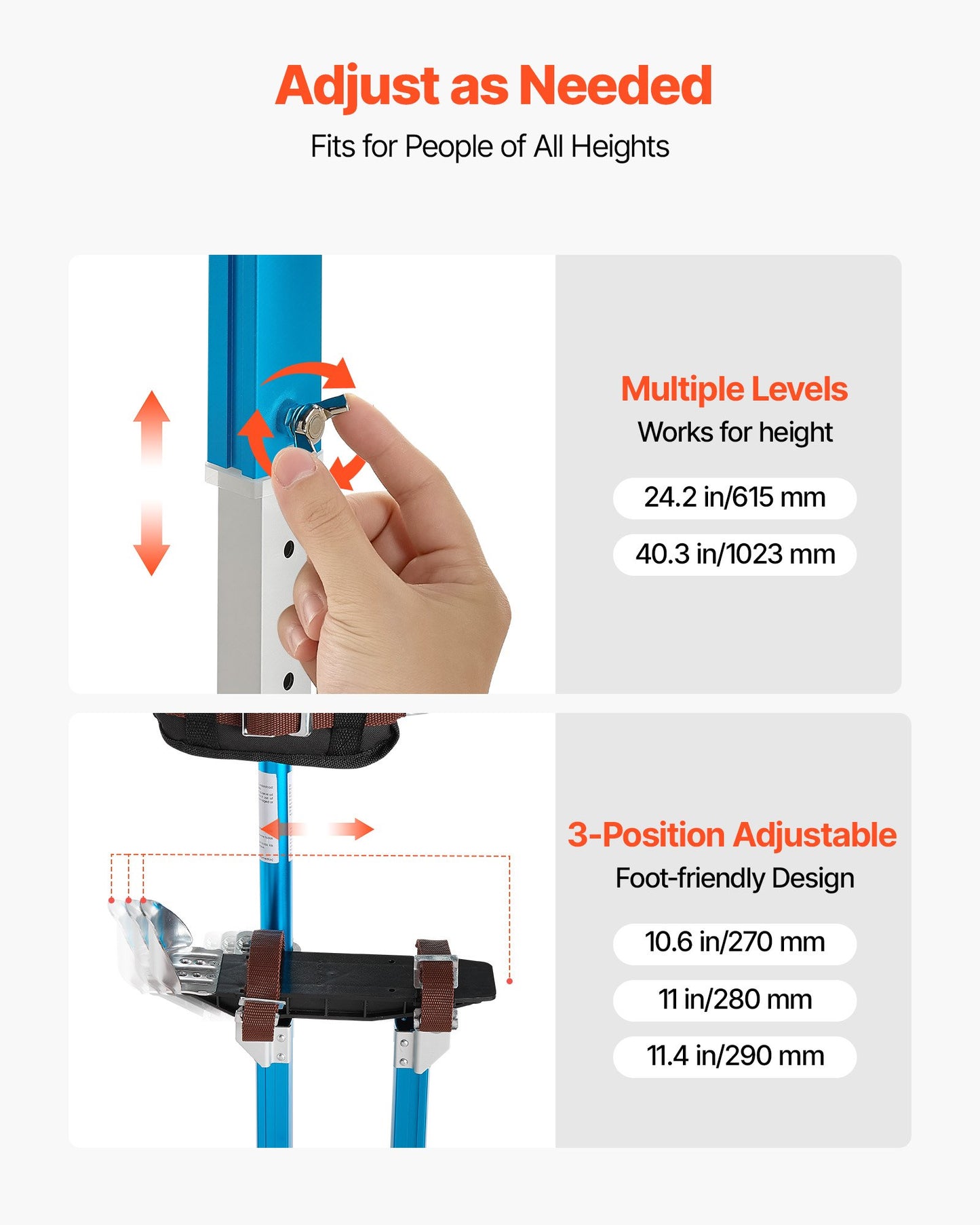 Drywall Stilts, 615-1023 mm Adjustable Aluminum Painter Stilts, 103 kg Load Capacity, Non-Slip Rubber Feet, Dual Spring Shock Absorption, Comfortable Leg Straps for Painting, Decoration,Blue