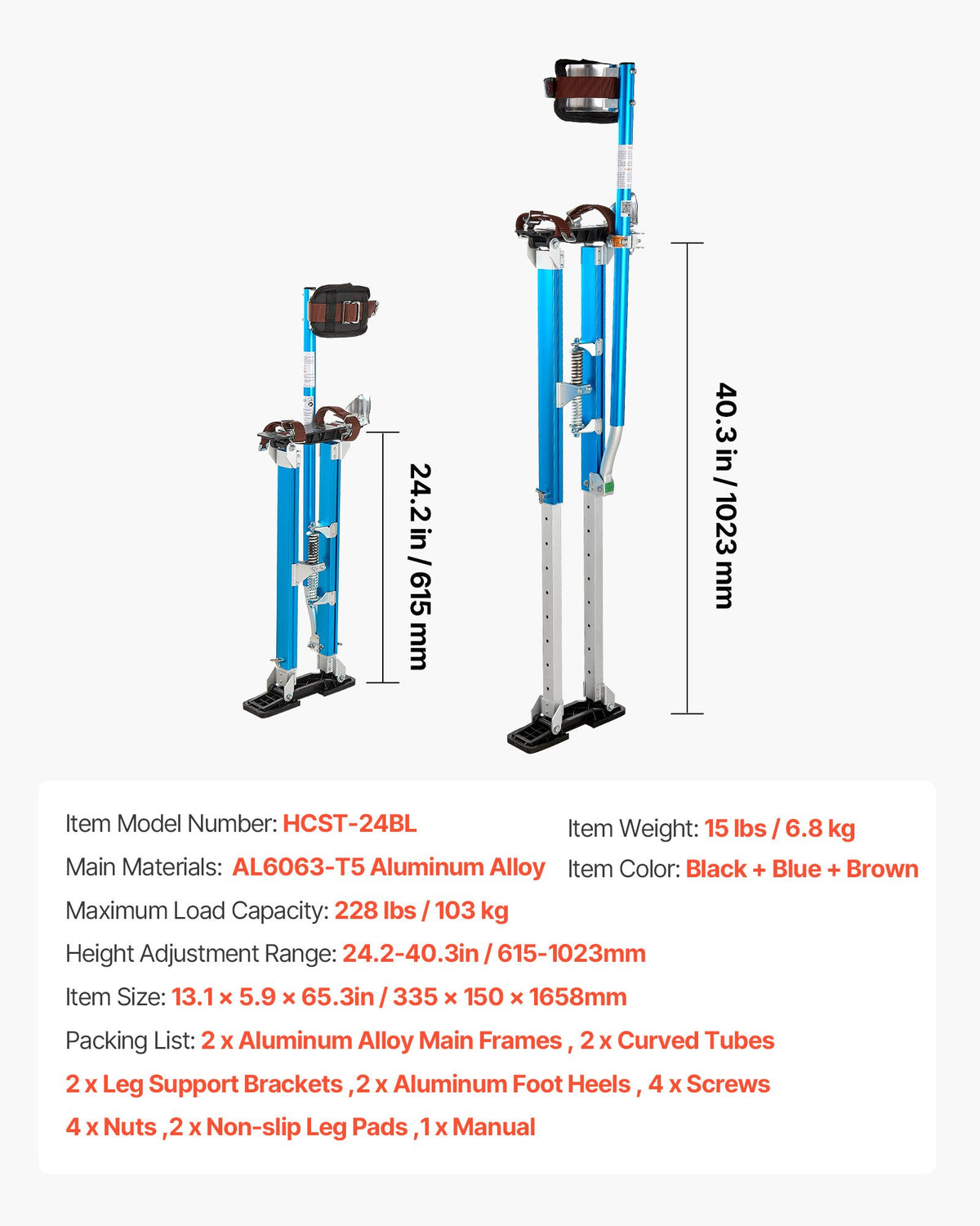 Drywall Stilts, 615-1023 mm Adjustable Aluminum Painter Stilts, 103 kg Load Capacity, Non-Slip Rubber Feet, Dual Spring Shock Absorption, Comfortable Leg Straps for Painting, Decoration,Blue
