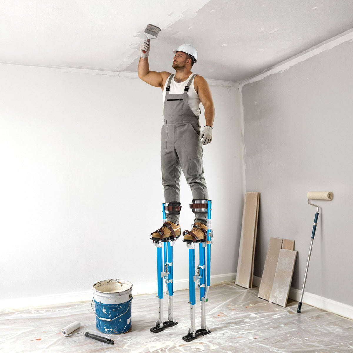 Drywall Stilts, 615-1023 mm Adjustable Aluminum Painter Stilts, 103 kg Load Capacity, Non-Slip Rubber Feet, Dual Spring Shock Absorption, Comfortable Leg Straps for Painting, Decoration,Blue
