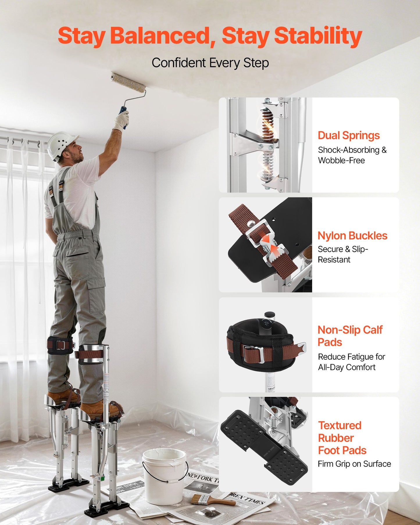 Drywall Stilts, 409-613 mm Adjustable Aluminum Painter Stilts, 103 kg Load Capacity, Non-Slip Rubber Feet, Dual Spring Shock Absorption, Comfortable Leg Straps for Painting, Decoration,Silver