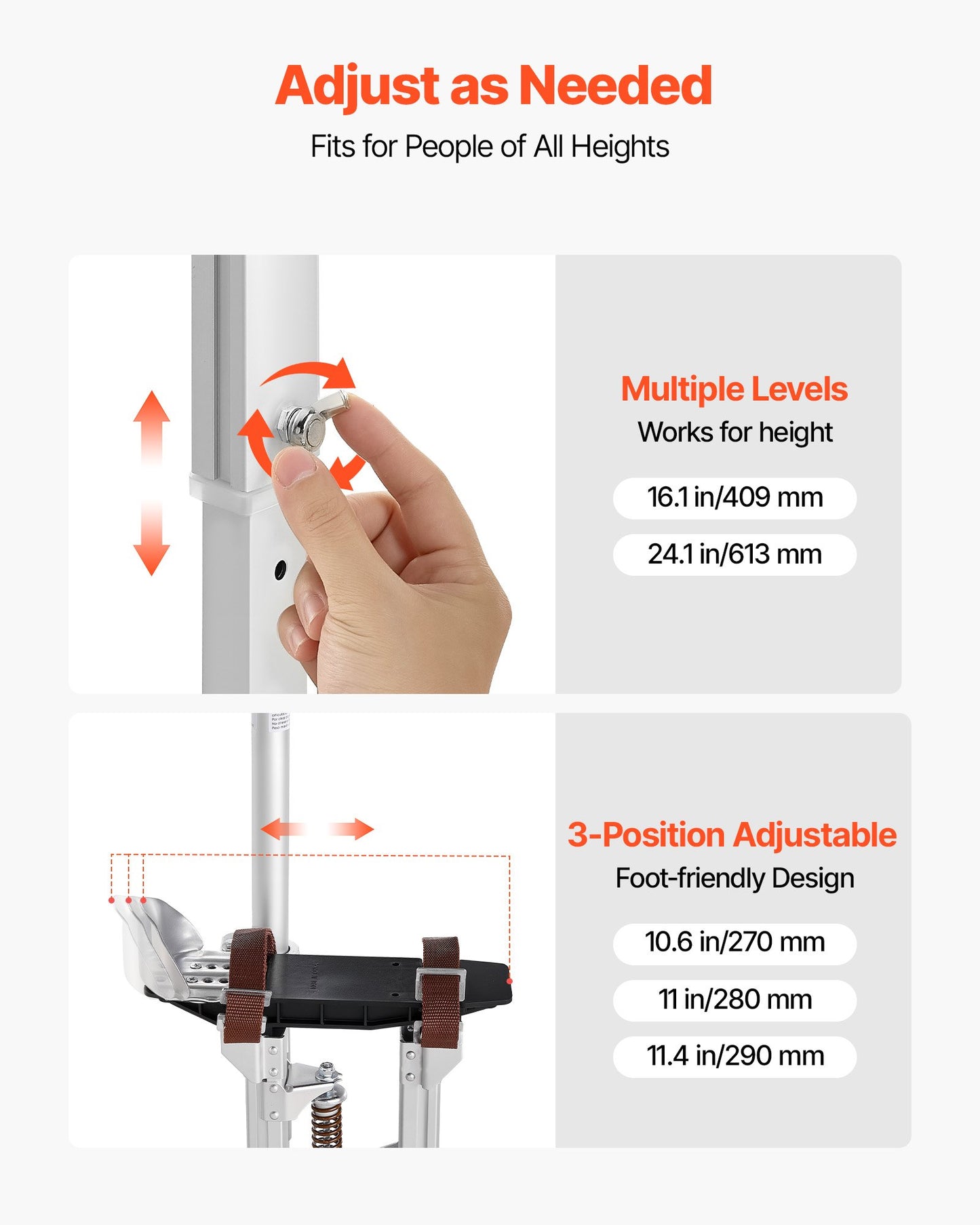 Drywall Stilts, 409-613 mm Adjustable Aluminum Painter Stilts, 103 kg Load Capacity, Non-Slip Rubber Feet, Dual Spring Shock Absorption, Comfortable Leg Straps for Painting, Decoration,Silver