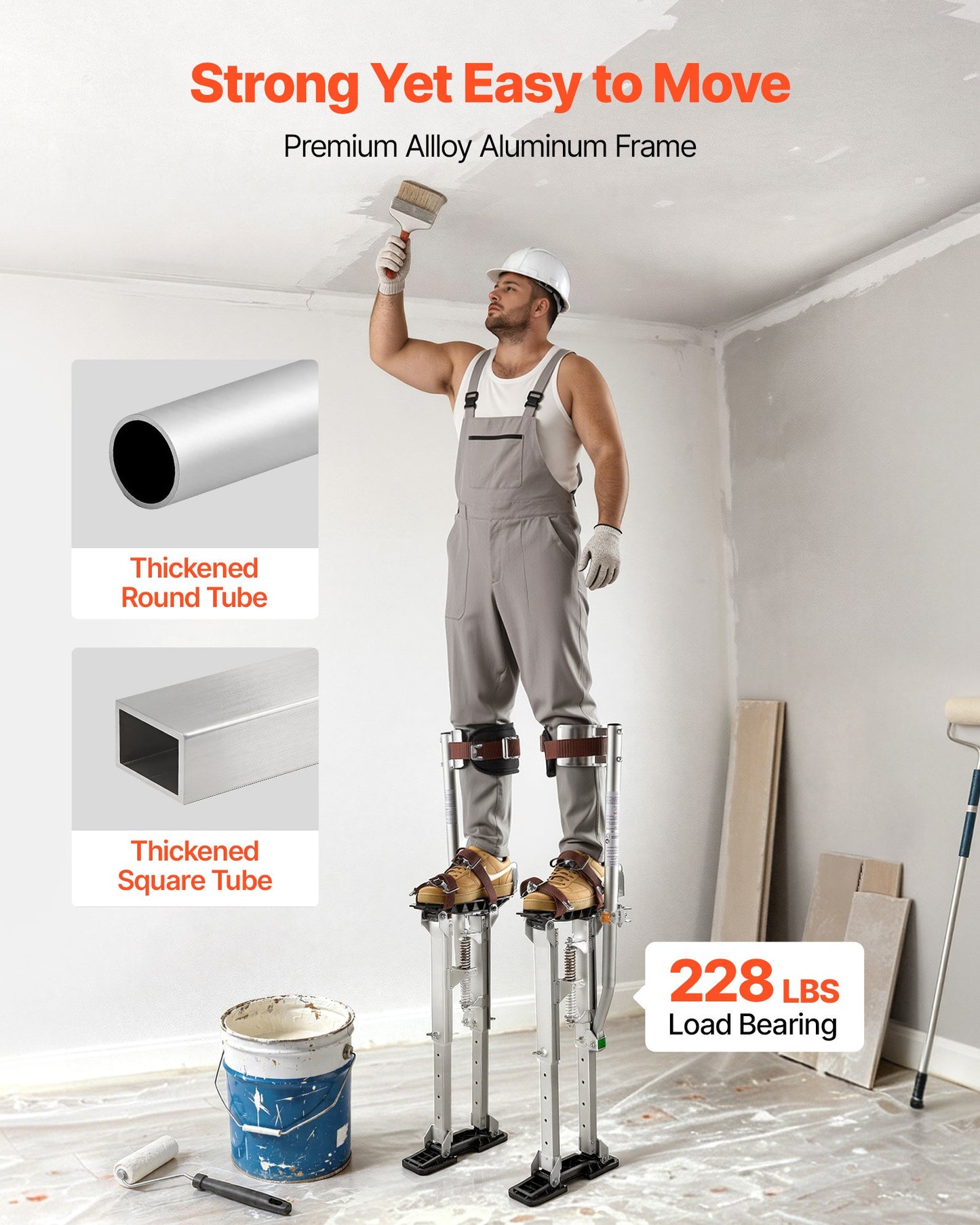 Drywall Stilts, 409-613 mm Adjustable Aluminum Painter Stilts, 103 kg Load Capacity, Non-Slip Rubber Feet, Dual Spring Shock Absorption, Comfortable Leg Straps for Painting, Decoration,Silver