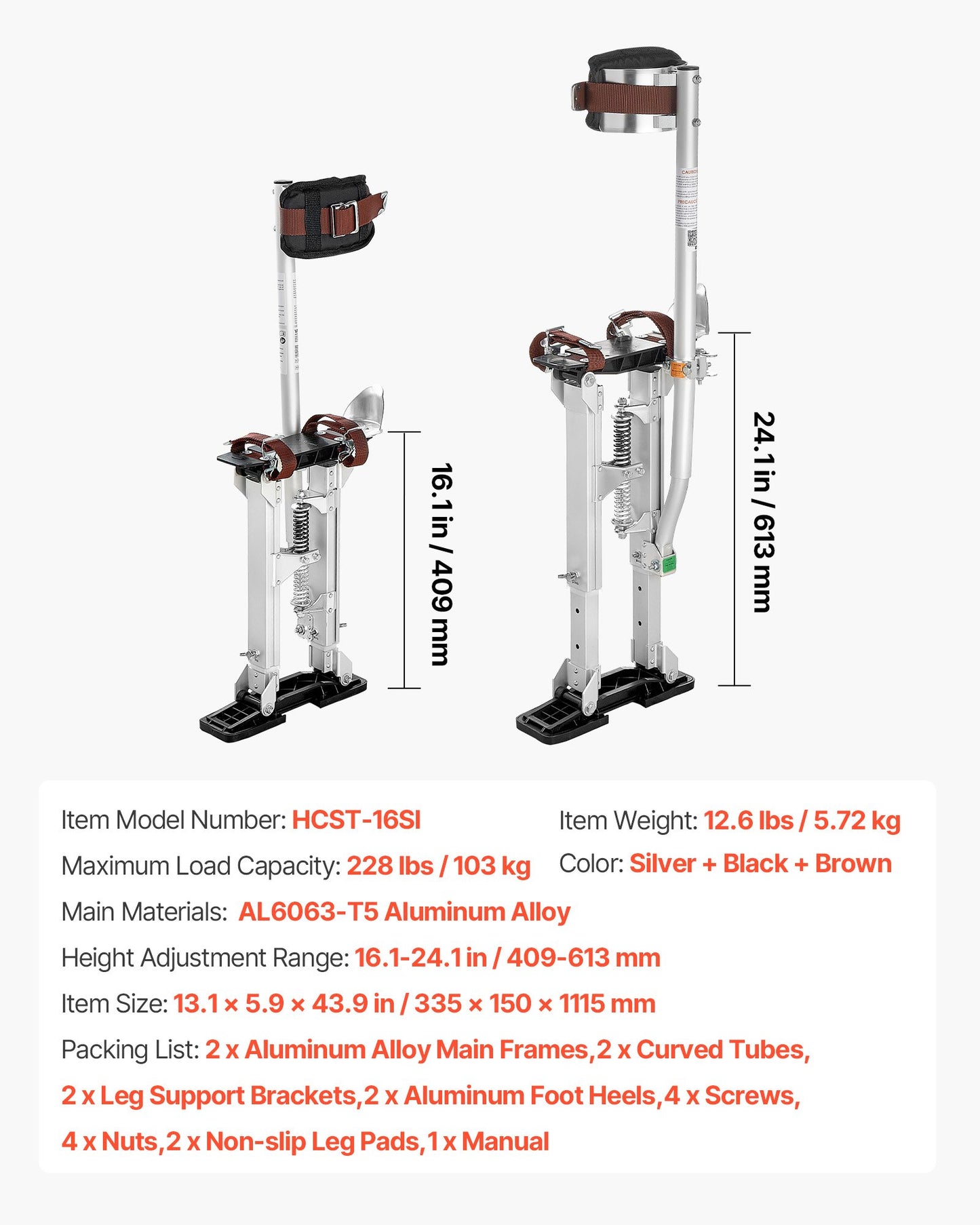 Drywall Stilts, 409-613 mm Adjustable Aluminum Painter Stilts, 103 kg Load Capacity, Non-Slip Rubber Feet, Dual Spring Shock Absorption, Comfortable Leg Straps for Painting, Decoration,Silver