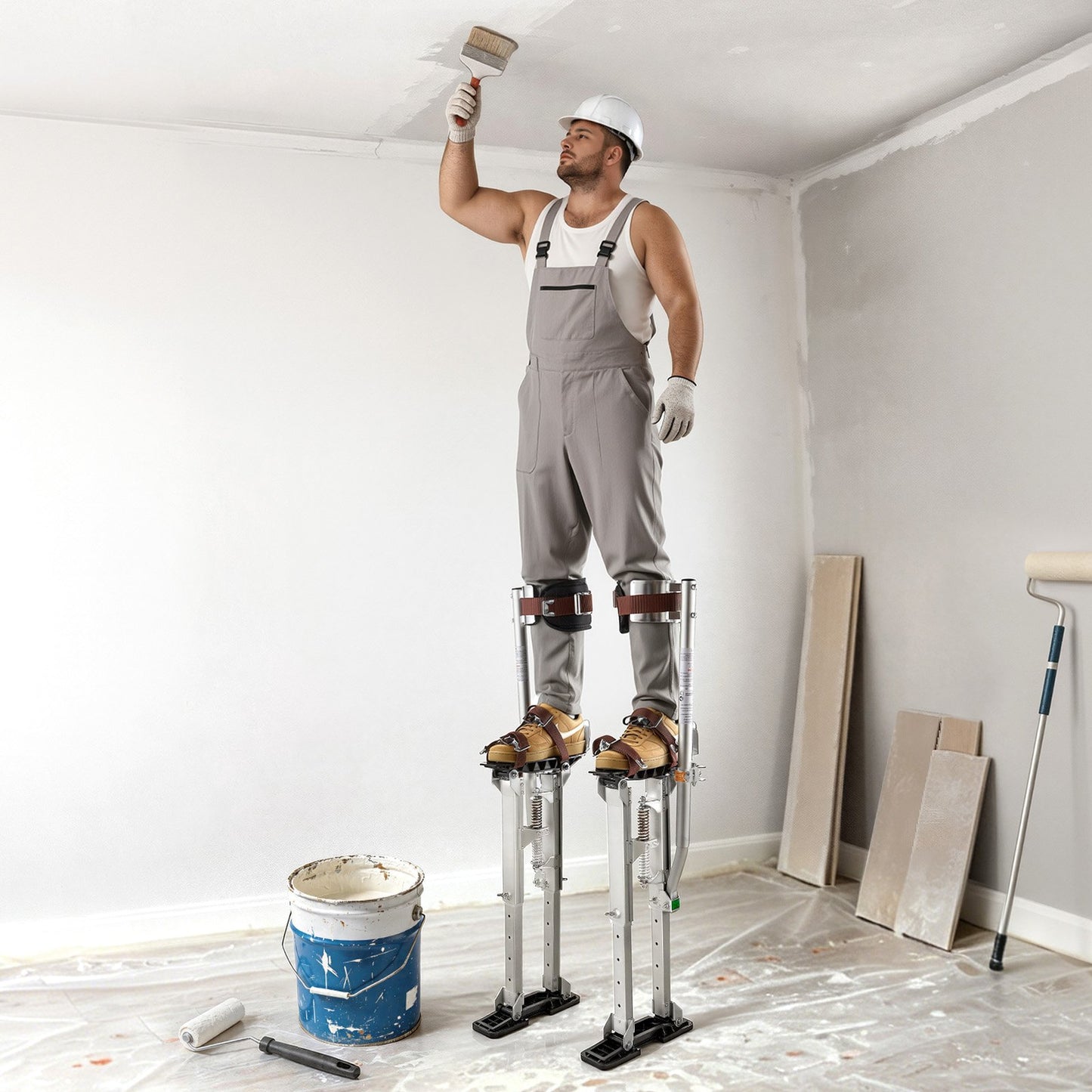 Drywall Stilts, 409-613 mm Adjustable Aluminum Painter Stilts, 103 kg Load Capacity, Non-Slip Rubber Feet, Dual Spring Shock Absorption, Comfortable Leg Straps for Painting, Decoration,Silver
