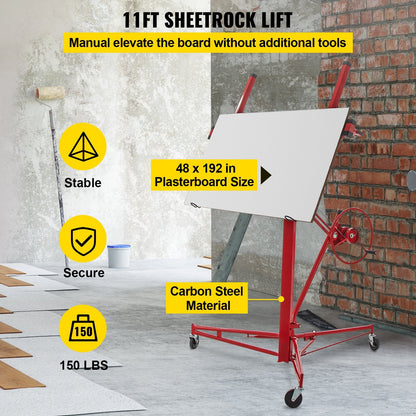 Heavy-Duty Drywall Panel Hoist with Lockable Wheels, 3.35 m Lift Capacity