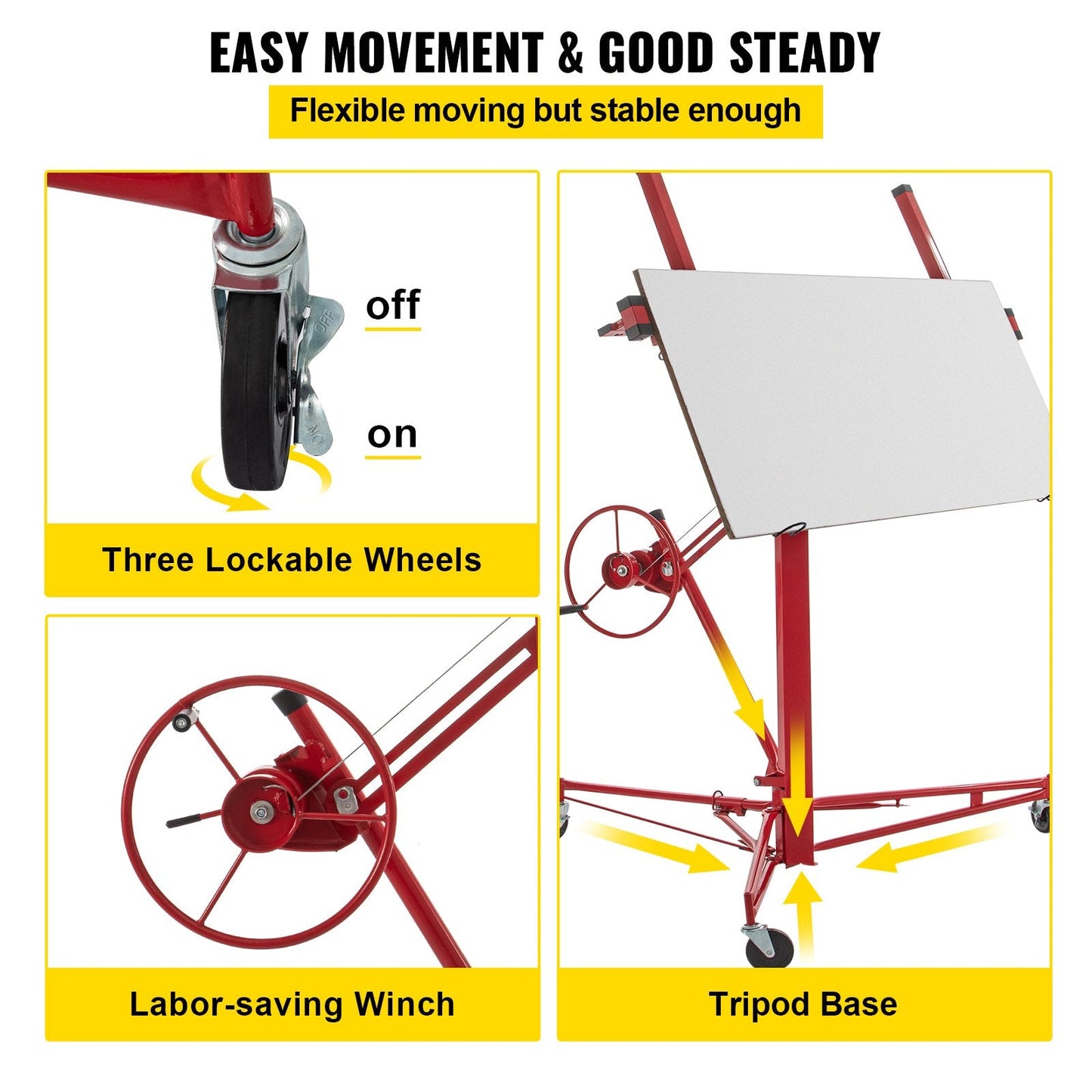 Heavy-Duty Drywall Panel Hoist with Lockable Wheels, 3.35 m Lift Capacity
