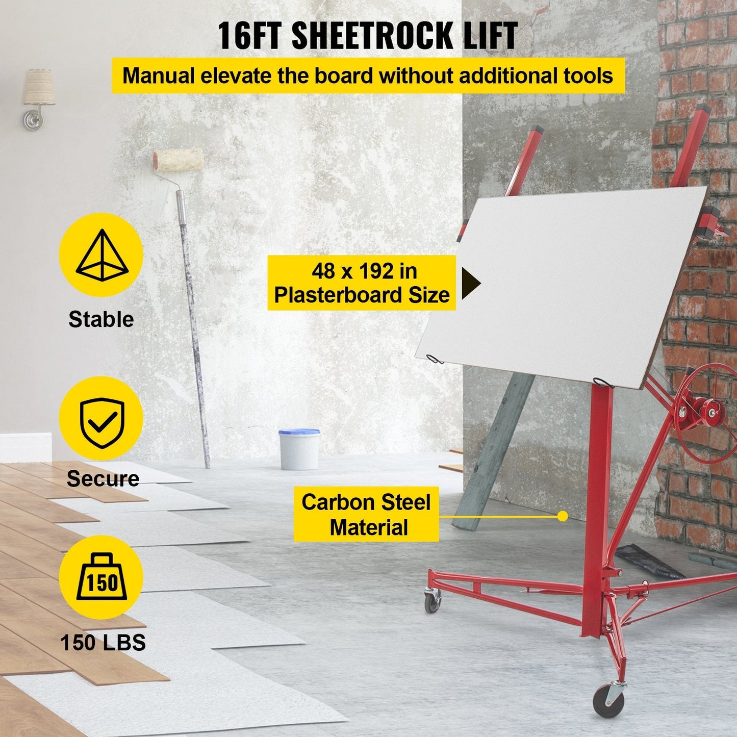 Heavy-Duty Drywall Panel Hoist with Lockable Wheels, 4.8m Lift, 68kg Capacity