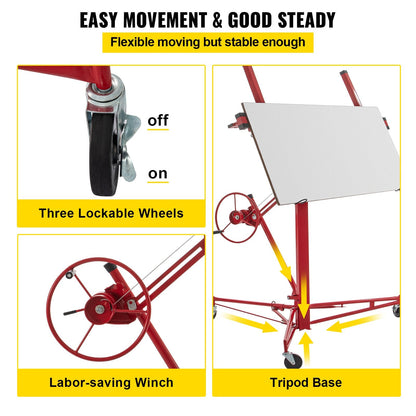 Heavy-Duty Drywall Panel Hoist with Lockable Wheels, 4.8m Lift, 68kg Capacity
