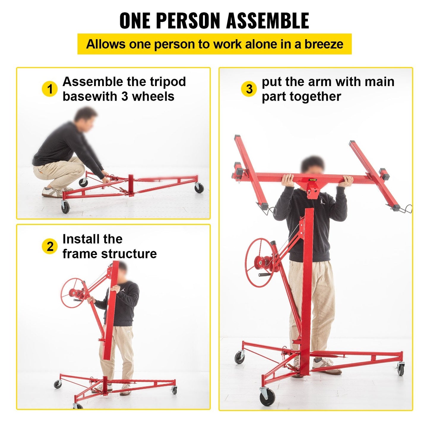 Heavy-Duty Drywall Panel Hoist with Lockable Wheels, 4.8m Lift, 68kg Capacity