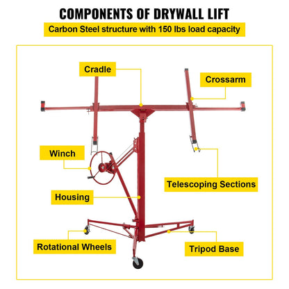 Heavy-Duty Drywall Panel Hoist with Lockable Wheels, 4.8m Lift, 68kg Capacity