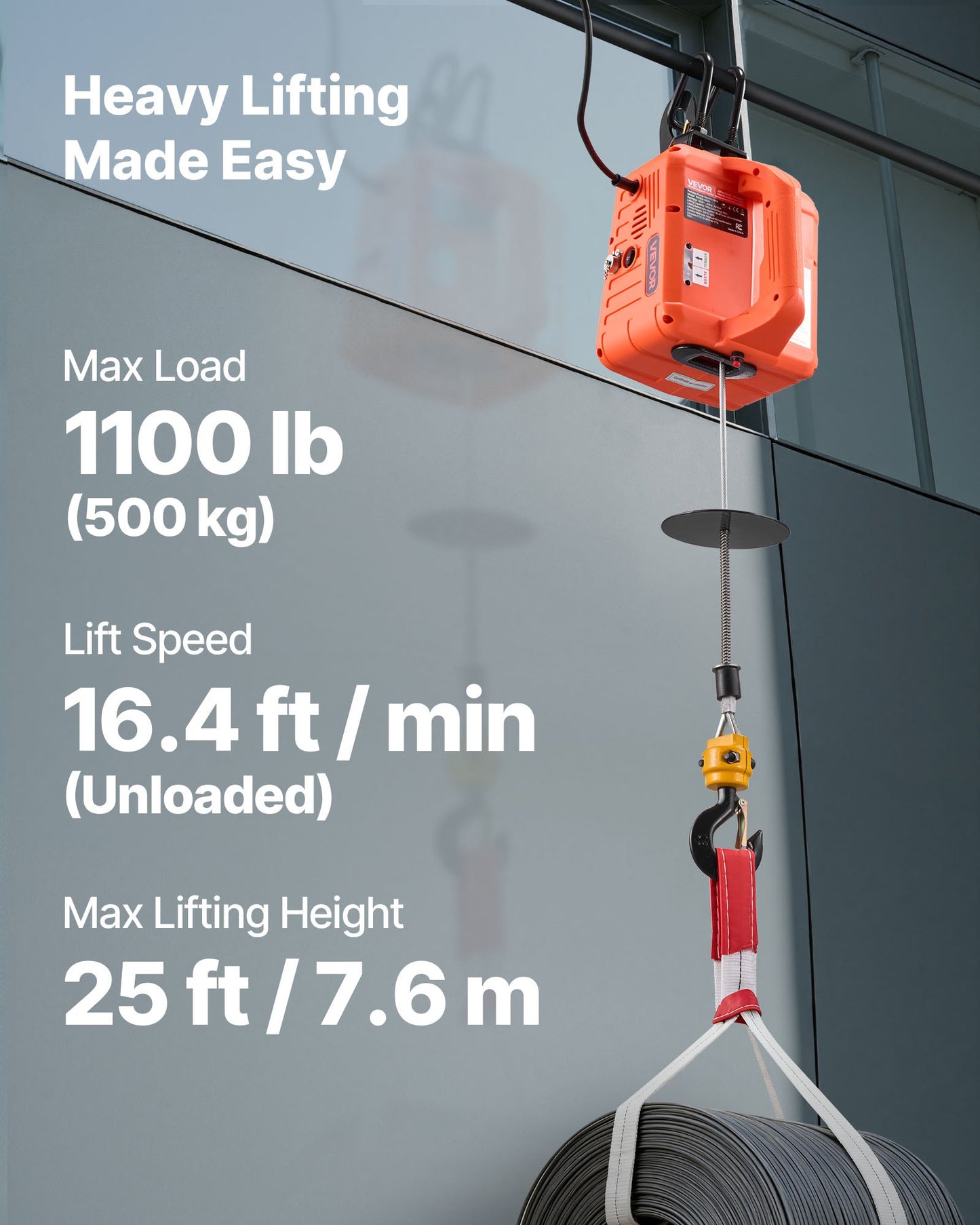 3-in-1 Electric Hoist Winch, 500 kg Capacity, 1500W Portable Electric Power Winch, 7.6 m Lifting Height, 5 m/min with Manual, Wired & Wireless Remote Control for Factory, Warehouss, Garage