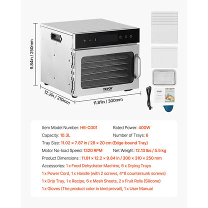 VEVOR 6 Trays Food Dehydrator Machine Stainless Steel 400W Jerky Fruit Drying