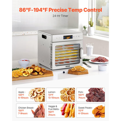 VEVOR 8 Trays Food Dehydrator Machine Stainless Steel 400W Jerky Fruit Drying