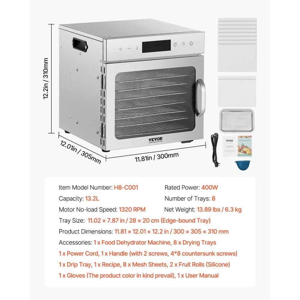 VEVOR 8 Trays Food Dehydrator Machine Stainless Steel 400W Jerky Fruit Drying