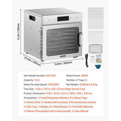 VEVOR 8 Trays Food Dehydrator Machine Stainless Steel 400W Jerky Fruit Drying