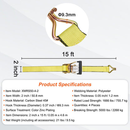 Heavy-Duty Ratchet Tie Down Straps, 4-Pack, 2268 kg Strength, 0.05m x 4.6m