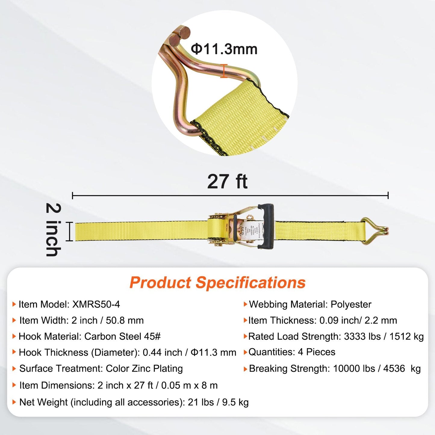 Heavy-Duty Ratchet Tie Down Straps, 4 Pack, 1512 kg Load, 0.05 m x 8 m