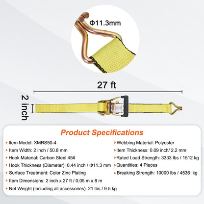 Heavy-Duty Ratchet Tie Down Straps, 4 Pack, 1512 kg Load, 0.05 m x 8 m