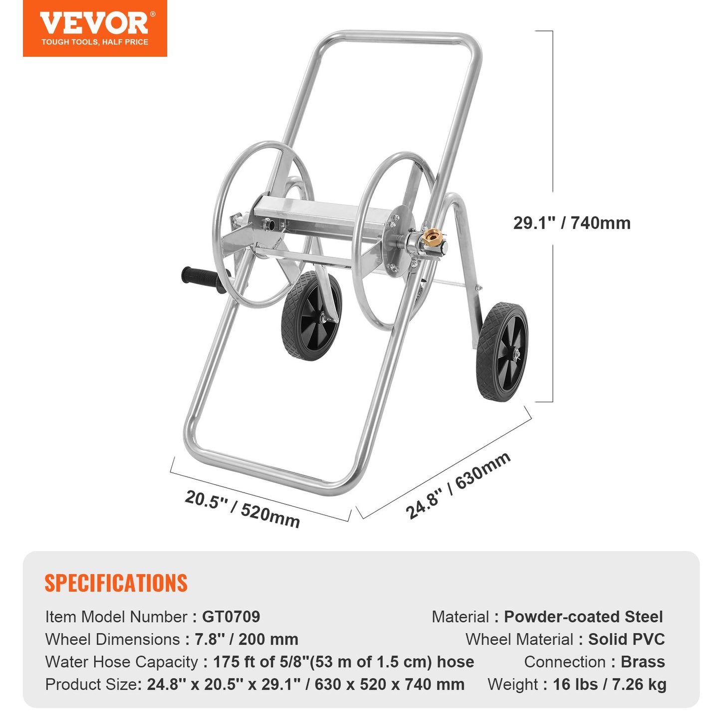 VEVOR Hose Reel Cart, Hold Up to 53.3m of 15.9mm Hose (Hose Not Included), Garden