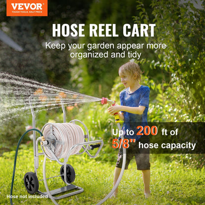 Heavy Duty 61m Garden Hose Reel Cart with Wheels, Steel Frame, Easy Winding