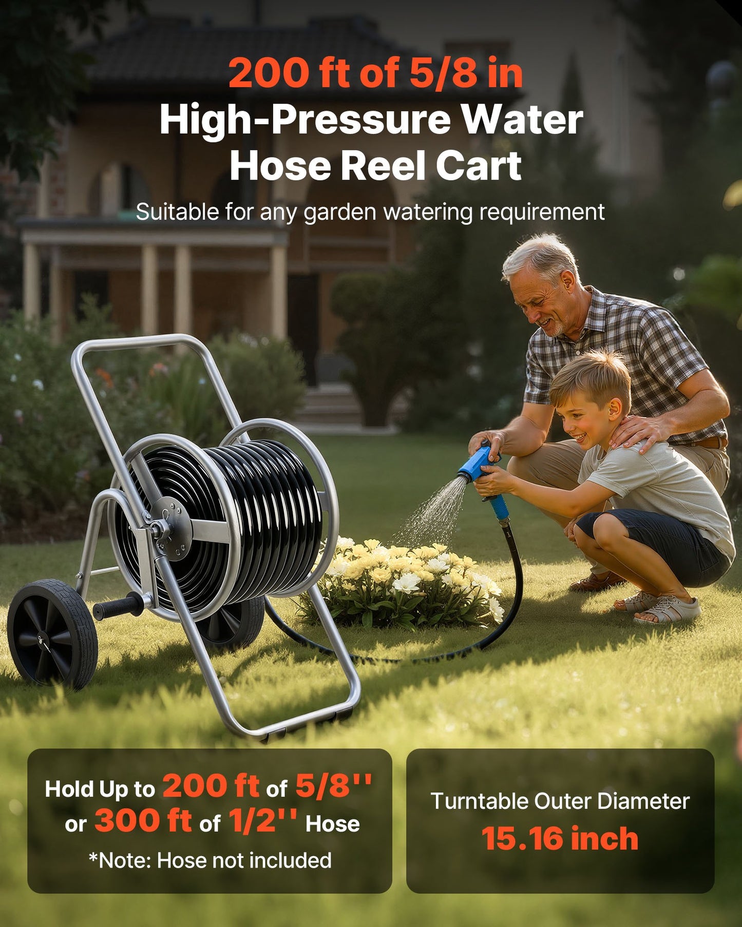 Water Hose Reel Cart, 6096/9144 cm High-Pressure Garden Hose Cart, Hoses Reel Carts with Two Wheels, Handle & Heavy-Duty Mesh Storage Basket, Portable Hoses Reels for Garden, Car, Pet Washing