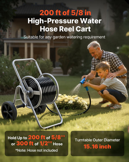 Water Hose Reel Cart, 6096/9144 cm High-Pressure Garden Hose Cart, Hoses Reel Carts with Two Wheels, Handle & Heavy-Duty Mesh Storage Basket, Portable Hoses Reels for Garden, Car, Pet Washing
