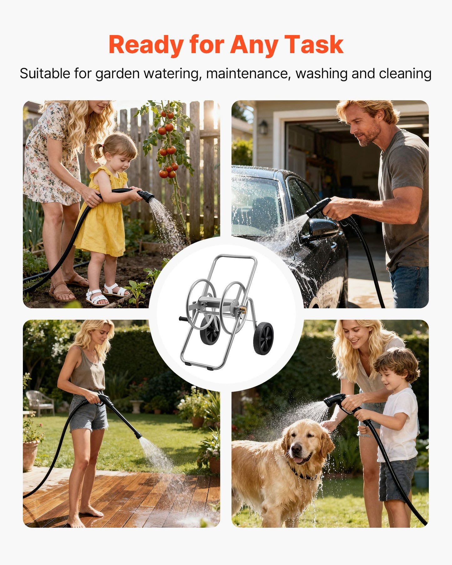Water Hose Reel Cart, 6096/9144 cm High-Pressure Garden Hose Cart, Hoses Reel Carts with Two Wheels, Handle & Heavy-Duty Mesh Storage Basket, Portable Hoses Reels for Garden, Car, Pet Washing