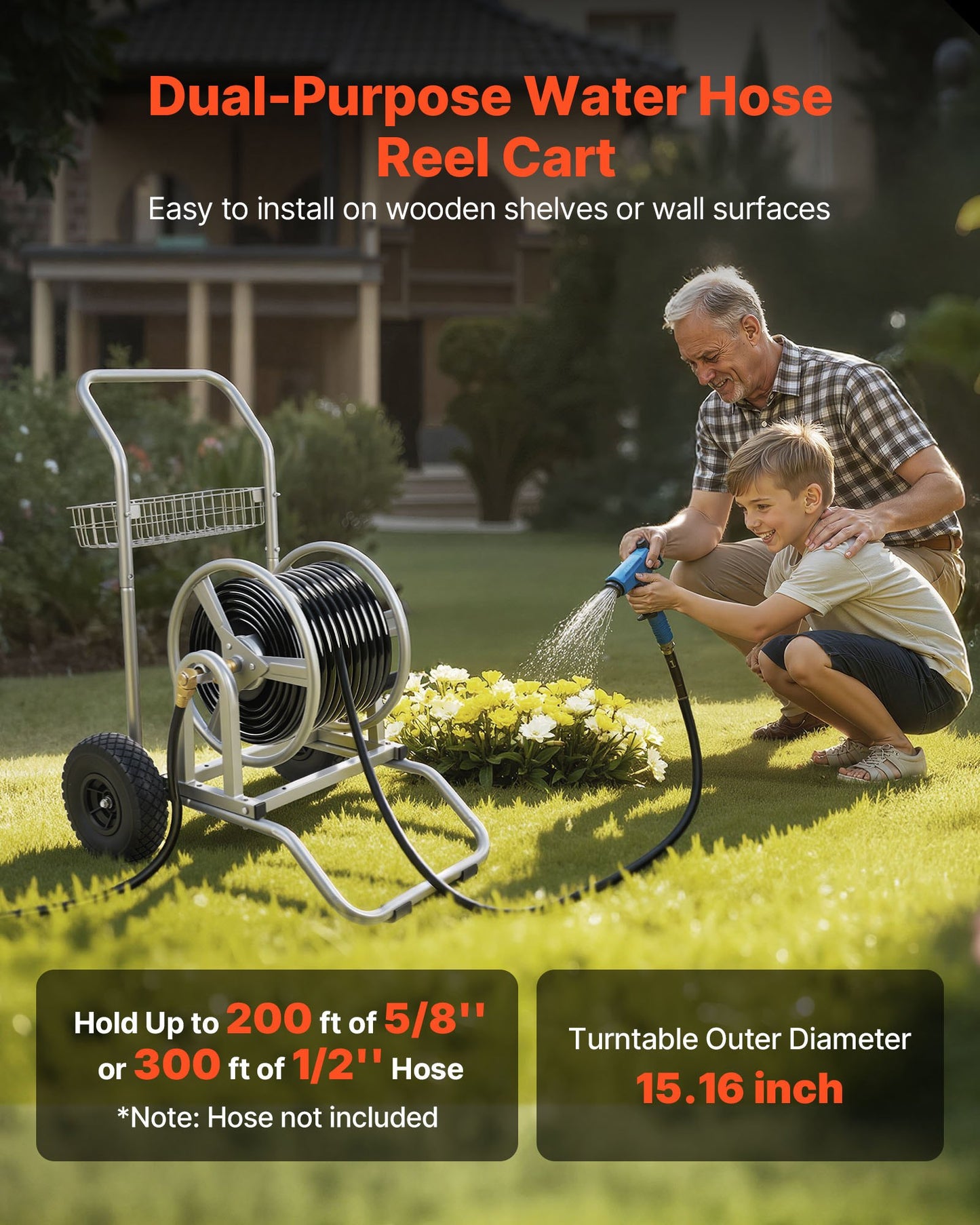 Water Hose Reel Cart, 6096/9144 cm High-Pressure Garden Hose Cart, Hoses Reel Carts with Two Wheels, Handle & Heavy-Duty Mesh Storage Basket, Dual-Purpose Portable Hoses Reels for Garden, Car