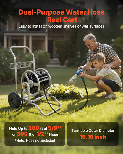 Water Hose Reel Cart, 6096/9144 cm High-Pressure Garden Hose Cart, Hoses Reel Carts with Two Wheels, Handle & Heavy-Duty Mesh Storage Basket, Dual-Purpose Portable Hoses Reels for Garden, Car