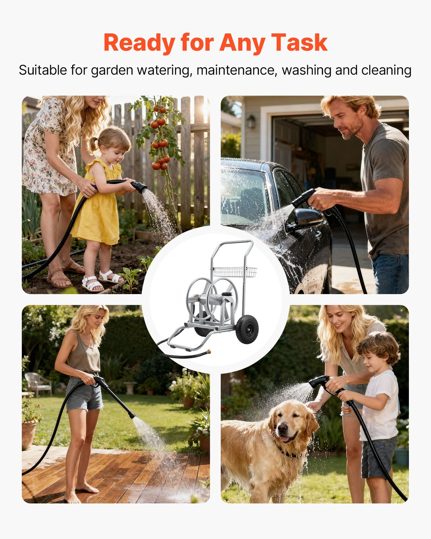 Water Hose Reel Cart, 6096/9144 cm High-Pressure Garden Hose Cart, Hoses Reel Carts with Two Wheels, Handle & Heavy-Duty Mesh Storage Basket, Dual-Purpose Portable Hoses Reels for Garden, Car