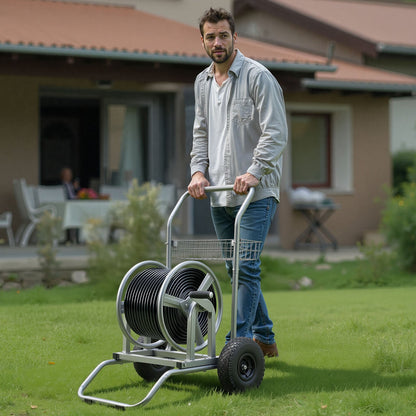 Water Hose Reel Cart, 6096/9144 cm High-Pressure Garden Hose Cart, Hoses Reel Carts with Two Wheels, Handle & Heavy-Duty Mesh Storage Basket, Dual-Purpose Portable Hoses Reels for Garden, Car