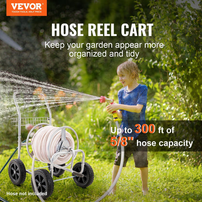 Heavy Duty Garden Hose Reel Cart with Basket, 91m Capacity, 4-Wheel Design