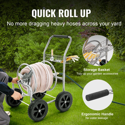 Heavy Duty Garden Hose Reel Cart with Basket, 91m Capacity, 4-Wheel Design